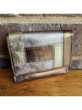 Vintage Fossil Trifold ID Wallet Metallic Leather Patchwork Silver Gold Copper